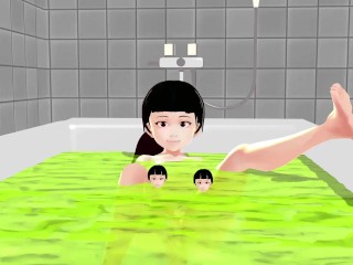 Cocoa Anime girl takes it all off in the bathtub.