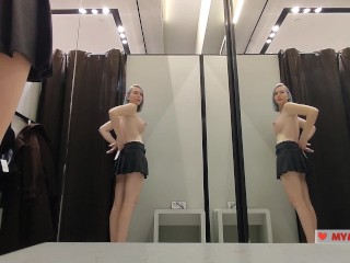 I Try on haul transparent clothes in a fitting room. Look at me in the dressing room