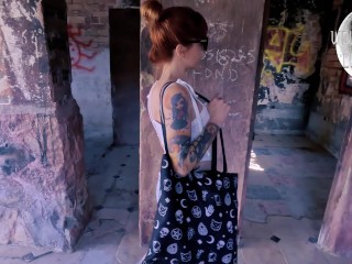 Abandoned house flashing, public squirting, almost caught masturbating, tattoo milf.