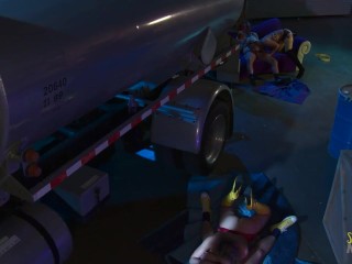 Villains capture the blonde and brunette milf superheroes with big tits to have group sex with them