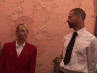 Two butlers start an anal threesome with their blonde milf boss in which they DP and creampie her