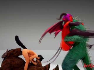 Fantasy friends play with monster cocks and get fucked very hard