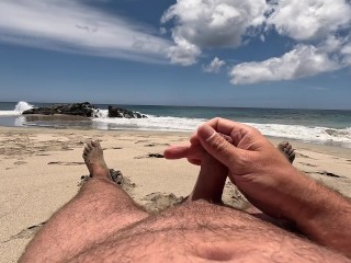 Stepdaughter pissed stepdad on the public beach and he got orgasm