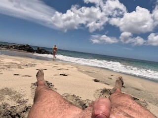 Stepdaughter pissed stepdad on the public beach and he got orgasm