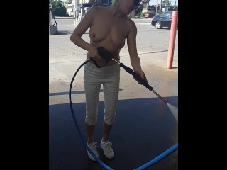 Wifes risky topless carwash