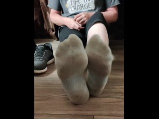 Dirty white ankle socks removed and showing off my long soles