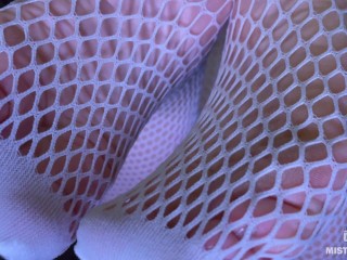 The Goddess in white fishnet tights teasing you with her sexy feet and ass