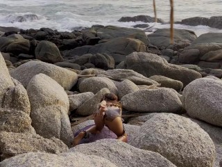 Wild Amazon Monika Foxxx plays with big dildos on the coast