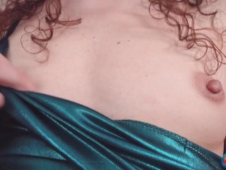 GROOBYGIRLS - Tgirl with sexy dress and brunette hair masturbates