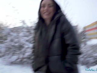 Public Agent Blue eyed babe sucks a fat big dick out in the snow in public