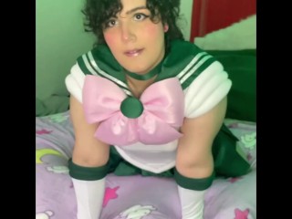 Trans Sailor Jupiter Cosplay showing her dick practicing deepthroat with her favorite toy