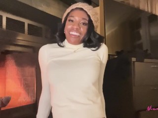 Black babe Nicole Kitt masturbates and squirts in front of the fireplace during horny ski weekend