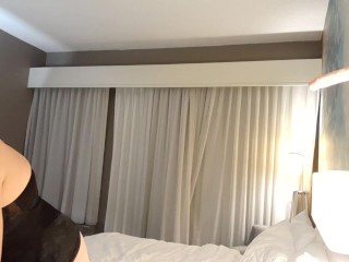 Crossdresser in self bondage with anal hook and blowjob