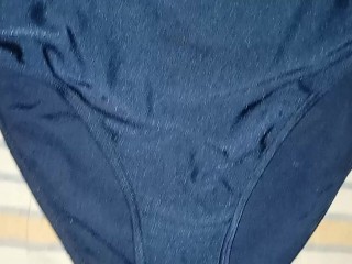 Cumshot in dark blue leotard / swimsuit