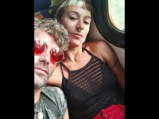 My friend masturbates me and I suck his cock travelling in a train with people