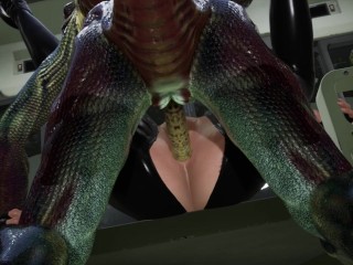 Busty brunette gets fucked by a big alien cock