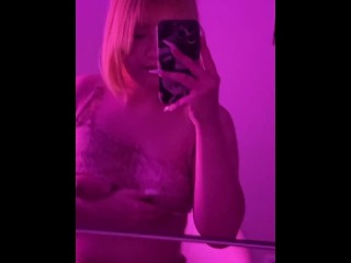 Sexy college girl squeezing her big boobs.