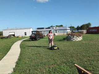 Come Mow with Me - CURVY Housewife Cuts the Grass nearly NUDE in Sweet, Cotton THONG and bra Set