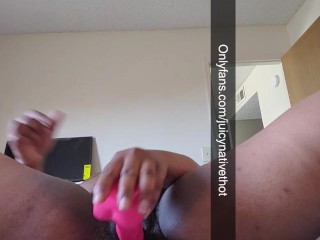 Horny Mixed babe puts dildo in her hairy pussy