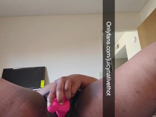 Horny Mixed babe puts dildo in her hairy pussy