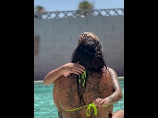 Sexy lesbian makeout with back tattoo visible