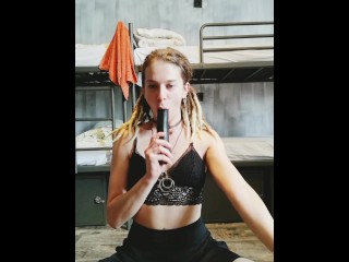 Eva Fay gets horny alone in the hostel and masturbate with big black dildo, all improvised