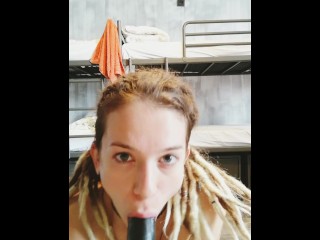 Eva Fay gets horny alone in the hostel and masturbate with big black dildo, all improvised