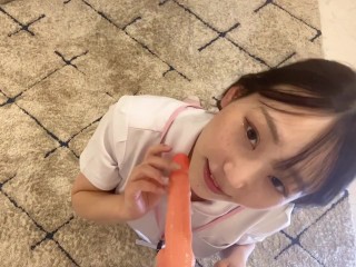 japanese idol Saki giving a blow job for a pumped  up dildo