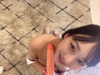 japanese idol Saki giving a blow job for a pumped  up dildo