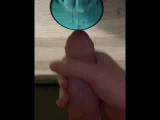 POV: Young guy JERKS off a HUGE dick, moans and CUMS in a GLASS