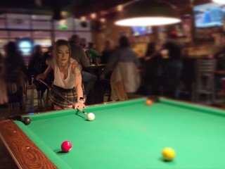 Braless tits and pussy exposed at the pool hall!