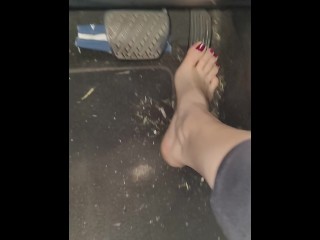 Pedal pumping in my roommates dirty juke car with my dark red toenail polish