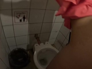 MILF in the public restrooms of a rest area is looking for a daddy to cum in her hot pussy