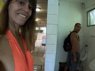 MILF in the public restrooms of a rest area is looking for a daddy to cum in her hot pussy