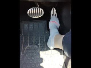 Revving my mini Cooper in my white ankle socks