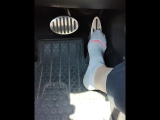 Revving my mini Cooper in my white ankle socks