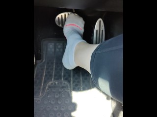 Revving my mini Cooper in my white ankle socks