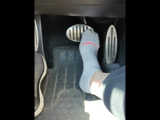 Revving my mini Cooper in my white ankle socks