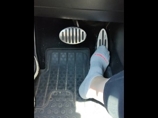 Revving my mini Cooper in my white ankle socks