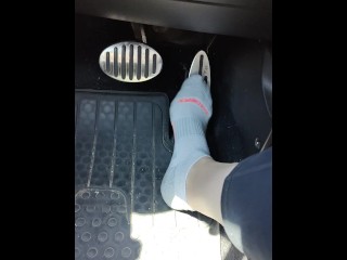 Revving my mini Cooper in my white ankle socks