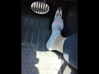 Revving my mini Cooper in my white ankle socks