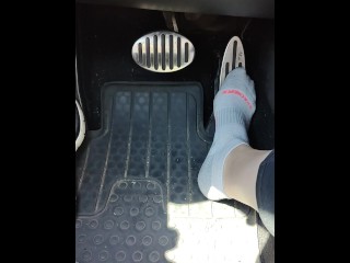 Revving my mini Cooper in my white ankle socks