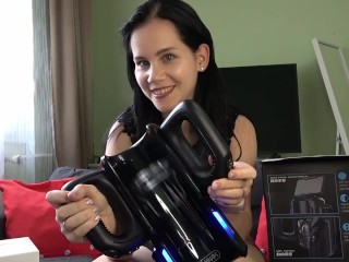 Mistress Anna unpacks the XSpaceCup masturbator and tests it on her slave