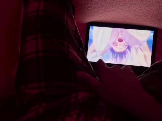 Girl masturbates while watching uncensored lesbian Hentai before bed.