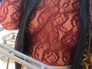 Wife Shopping in see through lace shirt