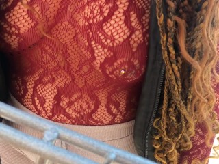 Wife Shopping in see through lace shirt