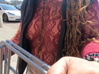 Wife Shopping in see through lace shirt