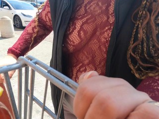 Wife Shopping in see through lace shirt