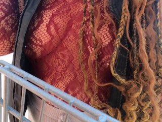 Wife Shopping in see through lace shirt