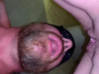 Pissing all over him like a human toilet while he jerks off until he cums